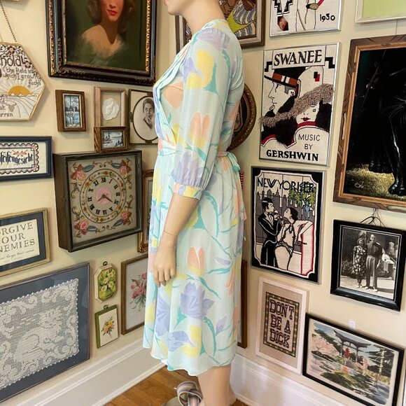 Vintage Jonathan Martin Pastel Floral Print Semi-Sheer 3/4 Sleeve Dress XL - Picture 3 of 7
